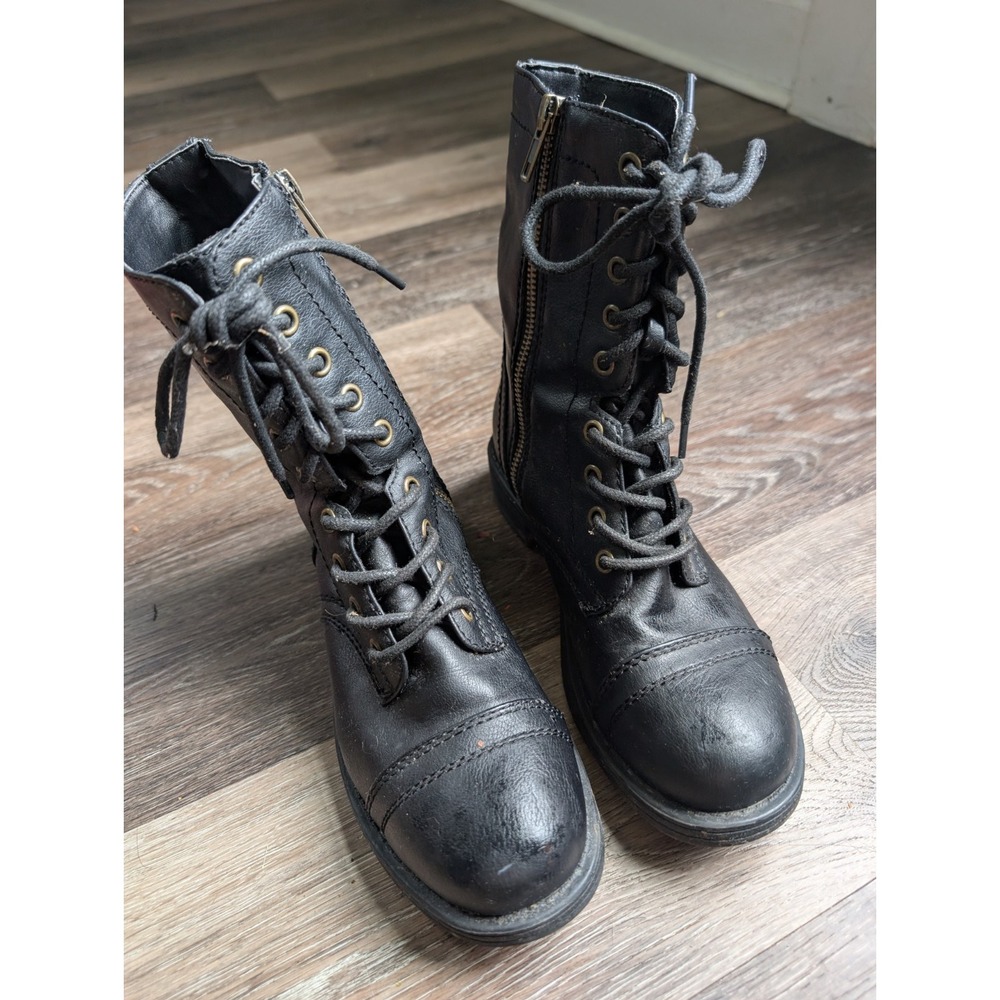 Brash Black Lace Up Combat Boots Women's Size 6.5 Cap Toe Side Zip Moto Goth